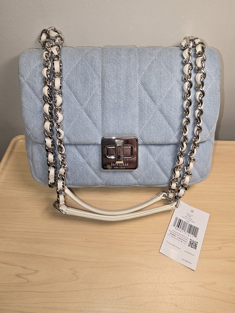 kate spade KN591 Carey Quilted Light Blue Denim Chain-Handle Shoulder Bag